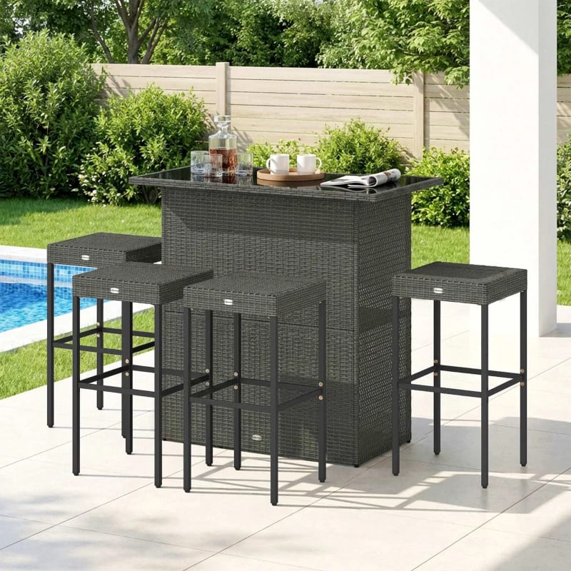 Outsunny 5 Piece Rattan Wicker Bar Set, High Top Outdoor Table And Chairs, Bar Height Patio Set, 2 Shelves & 4 Bar Stools, GrayMultiple Packages view 11
