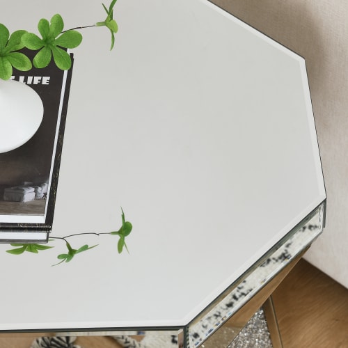 Drum Style Coffee Table With Mirror Crystal Inlay, Polygonal Silver Decorative Table, Modern Design Luxury Modern Furniture, 20 Inch  About 50 Centimeters  Low Coffee Table, Suitable For Living Room view 7