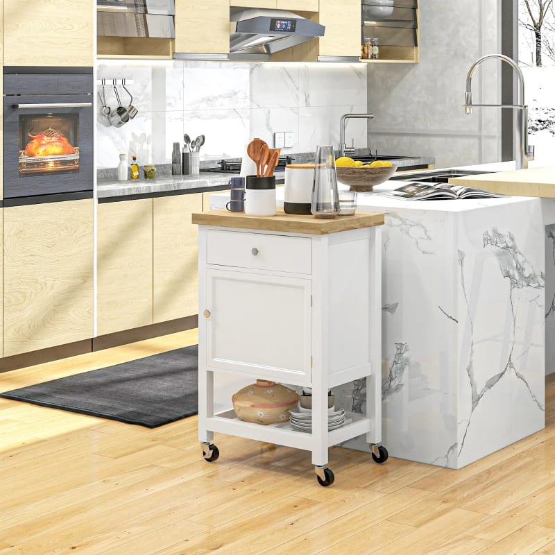 Kitchen Island On Wheels, Rolling Kitchen Cart With Rubberwood Top, Drawer, Wine Rack And Cabinet, White view 8