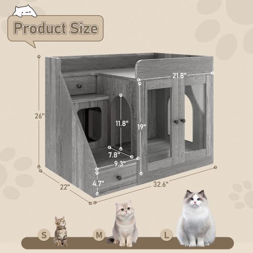 GO Cat Litter Box Enclosure With Light , Hidden Litter Box Furniture With 2 Storage Drawers, Indoor Cat House Side Table For Living Room view 10