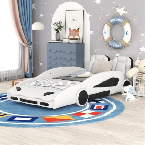 Double Race Platform Bed With Wheels, White view 7