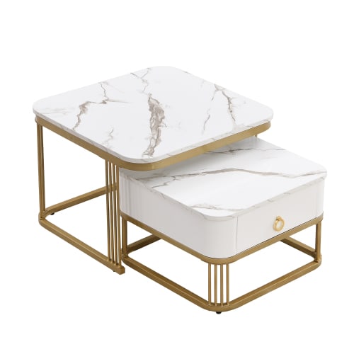 Nestable Coffee Table High Gloss Marble Exterior, Gold Accents, Side Table With Drawer. Set Of Two view 18