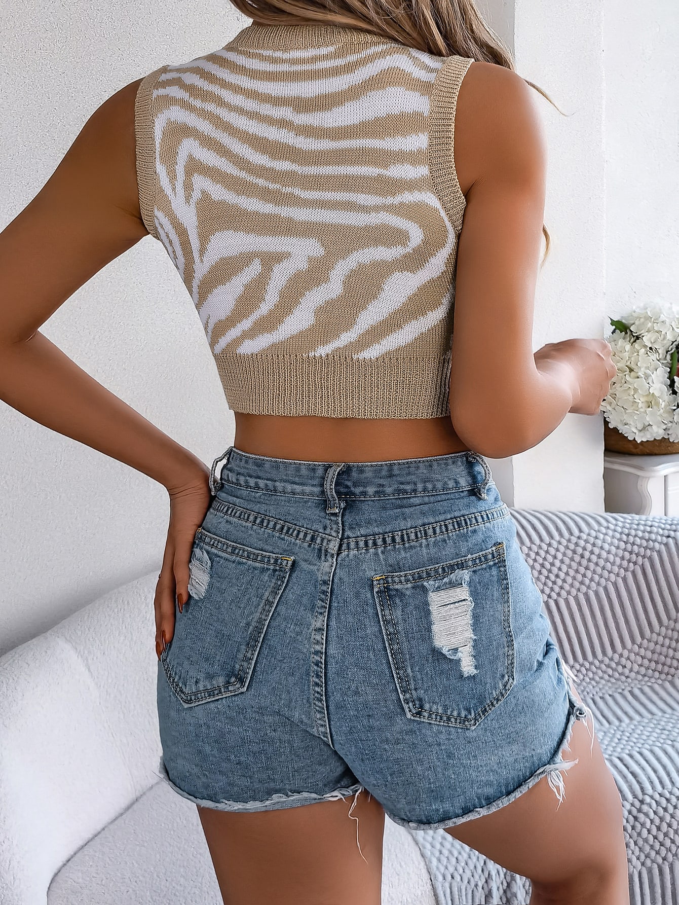 Women S Color Block Zebra Print Hollow Out Cropped Knit  Vacation Top view 2