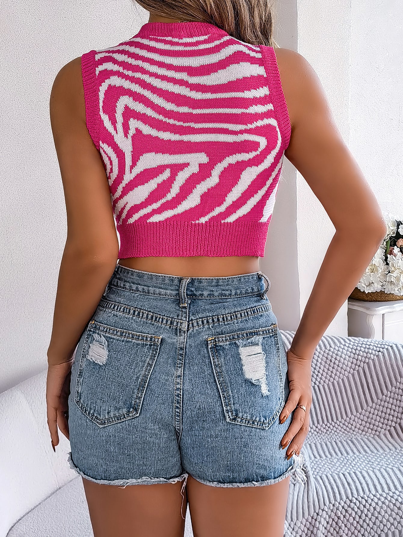 Women S Color Block Zebra Print Hollow Out Cropped Knit  Vacation Top view 13