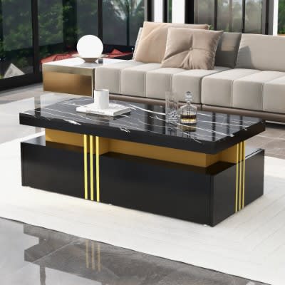 Modern White Rectangular Coffee Table With Marble Pattern Triamine Board Top And 2 Wooden Drawers, Living Room Table, 100x50x40cm view 9