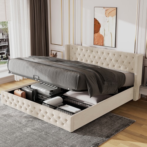 Upholstered Bed, With Hydraulic Lever, Functional Bed From Storage, 150 X 200 Cm, Without Mattress, Velvet, Beige view 6
