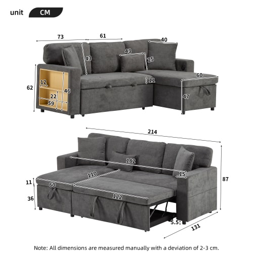 Corner Sofa Bed Corner Couch L-Shaped Sofa Bed Extendable, Bed Box And Integrated Shelf, view 6