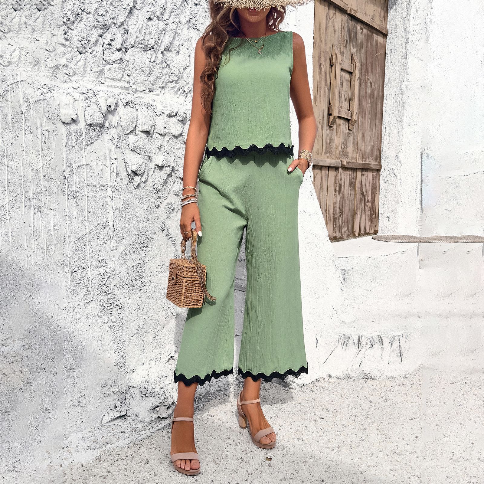 Summer Wave Print Suit Sleeveless Top And Straight Trousers Fashion Casual Solid Color 2pcs Set For Womens Clothing view 5