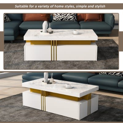 Modern White Rectangular Coffee Table With Marble Pattern Triamine Board Top And 2 Wooden Drawers, Living Room Table, 100x50x40cm view 5