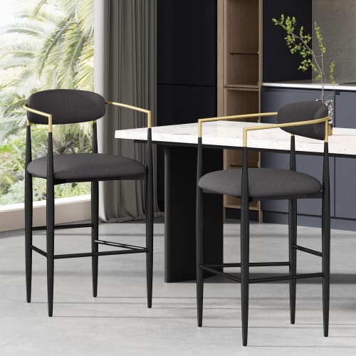 Barstools Set Of 2, Counter Height Upholstered Bar Stools With Back For Kitchen Island, Beige Faux PU Leather Seating Black Iron Legs 260LBS Weight Capacity view 2