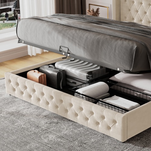 Upholstered Bed, With Hydraulic Lever, Functional Bed From Storage, 150 X 200 Cm, Without Mattress, Velvet, Beige view 7