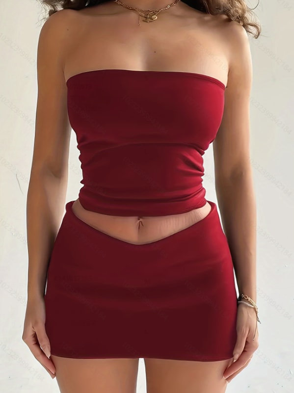 Midriff-baring Top Slim-fit Sheath Short Skirt Two-piece Set view 9