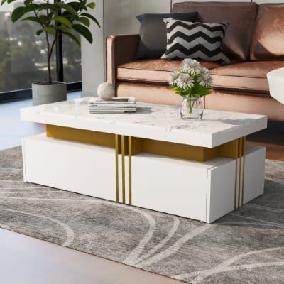 Modern White Rectangular Coffee Table With Marble Pattern Triamine Board Top And 2 Wooden Drawers, Living Room Table, 100x50x40cm view 10