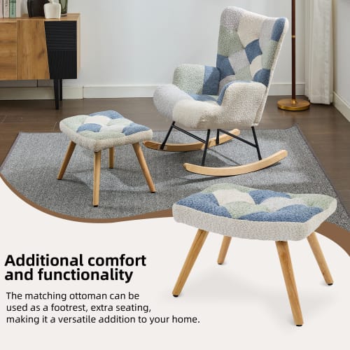 Rocking Chairs For Adults, Tteddy Rocking Chair Relaxing Recliner Chair With Solid Wood Legs High Back Lounge Chairs For Balcony Living Room Bedroom view 3