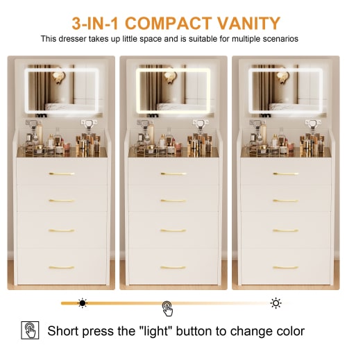 3 In 1 Vanity Desk With Open Top Mirror,Small Make Up Vanity Set With Visible Glass Desktop,Compact Makeup Vanity With 3 Drawers,Dressing Table For Bedroom view 8