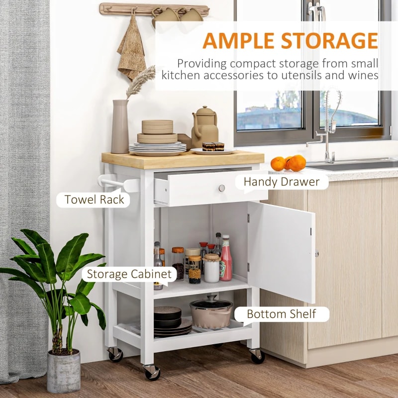 Kitchen Island On Wheels, Rolling Kitchen Cart With Rubberwood Top, Drawer, Wine Rack And Cabinet, White view 1