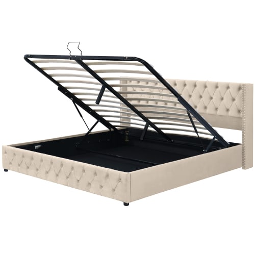 Upholstered Bed, With Hydraulic Lever, Functional Bed From Storage, 150 X 200 Cm, Without Mattress, Velvet, Beige