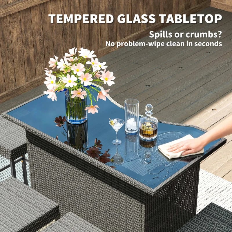 Outsunny 5 Piece Rattan Wicker Bar Set, High Top Outdoor Table And Chairs, Bar Height Patio Set, 2 Shelves & 4 Bar Stools, GrayMultiple Packages view 8