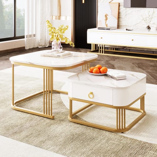 Nestable Coffee Table High Gloss Marble Exterior, Gold Accents, Side Table With Drawer. Set Of Two view 8