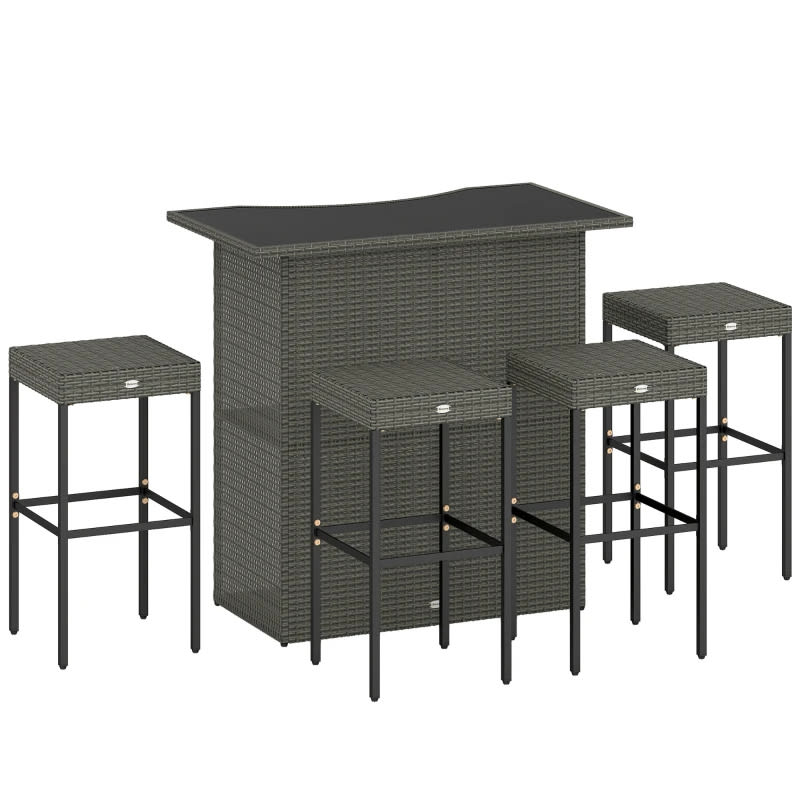 Outsunny 5 Piece Rattan Wicker Bar Set, High Top Outdoor Table And Chairs, Bar Height Patio Set, 2 Shelves & 4 Bar Stools, GrayMultiple Packages view 2