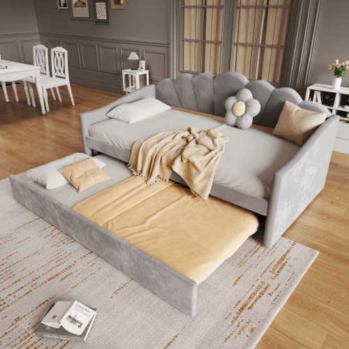 Upholstered Bed, 3FT Single Bed 90x190cm, Bottom With Trundle Bed 90x190cm, Daybed Sofa Bed, Youth Bed, For Adults & Teenagers, Easy Assembly, Velvet, Grey view 20
