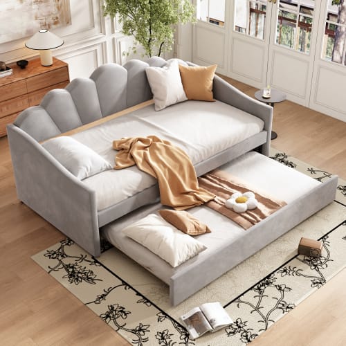 Upholstered Bed, 3FT Single Bed 90x190cm, Bottom With Trundle Bed 90x190cm, Daybed Sofa Bed, Youth Bed, For Adults & Teenagers, Easy Assembly, Velvet, Grey