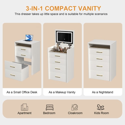 3 In 1 Vanity Desk With Open Top Mirror,Small Make Up Vanity Set With Visible Glass Desktop,Compact Makeup Vanity With 3 Drawers,Dressing Table For Bedroom view 5
