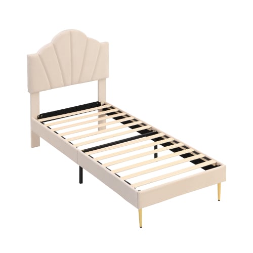 Velvet Upholstered Bed,Single Bed-3ft 90x190cm, Shell-like Bed With Golden Iron Legs, Wooden Slatted Frame, Upholstered Bench With Storage Space 90x40x42cm view 5