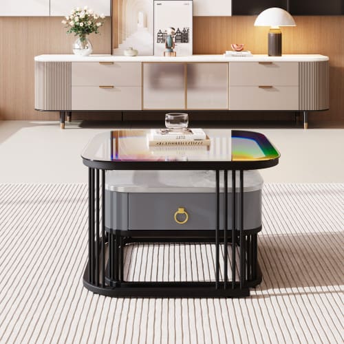 Nestable Coffee Table High Gloss Marble Exterior, Gold Accents, Side Table With Drawer. Set Of Two view 29