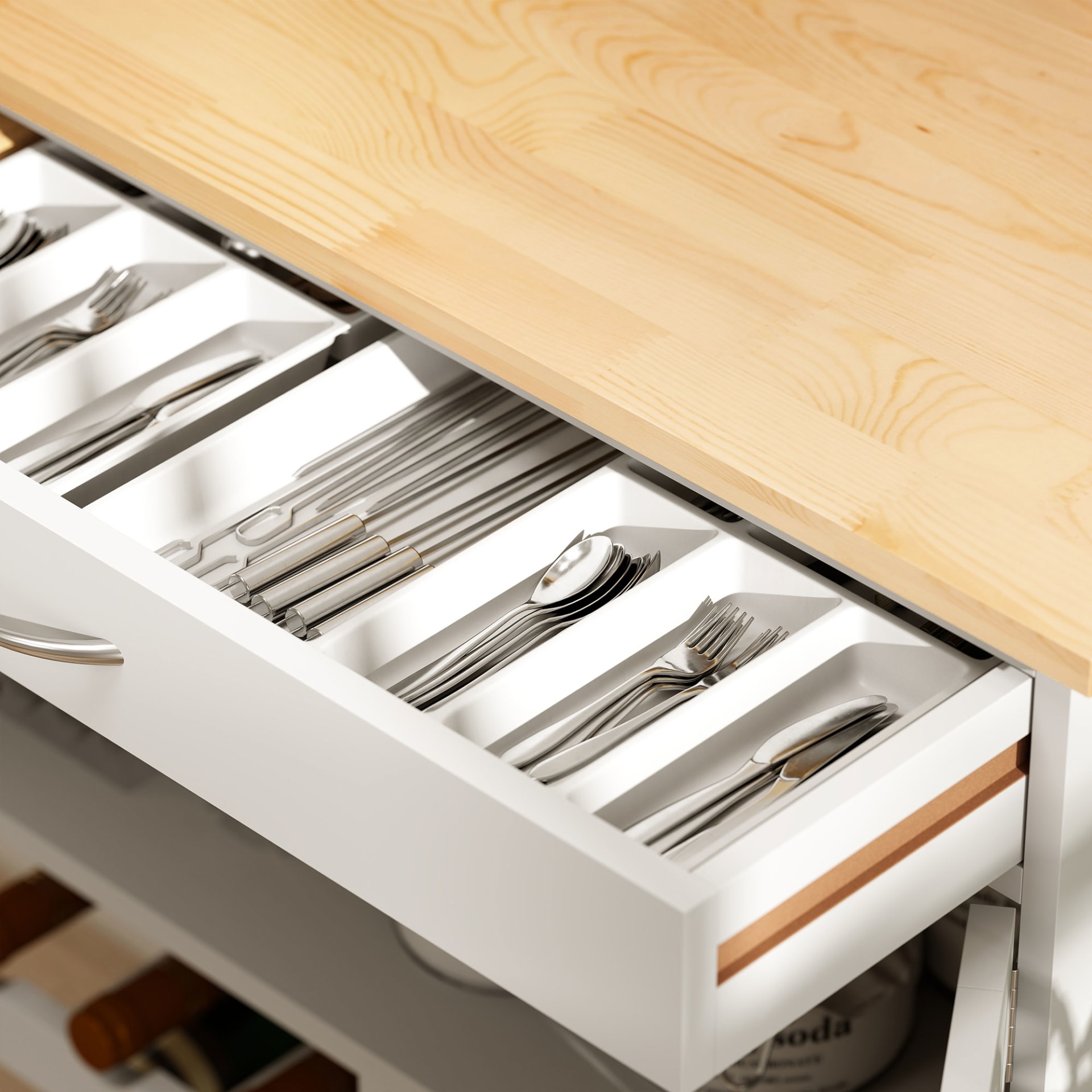 Rolling Kitchen Cart, White, Island With Storage Drawer, 9-Bottle Wine Rack, Door Cabinets, Wooden Countertop view 3