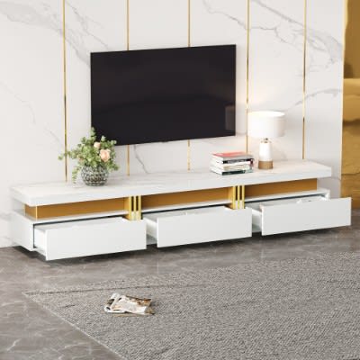 Luxury TV Stand With Faux Marble Top, TV Cabinet Golden Panel Design, And 3 Drawers For Televisions Up To 89'', Rectangle Media Console, Practical Entertainment Center For Living Room, White view 1