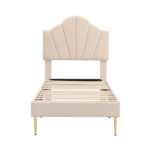 Velvet Upholstered Bed,Single Bed-3ft 90x190cm, Shell-like Bed With Golden Iron Legs, Wooden Slatted Frame, Upholstered Bench With Storage Space 90x40x42cm view 6