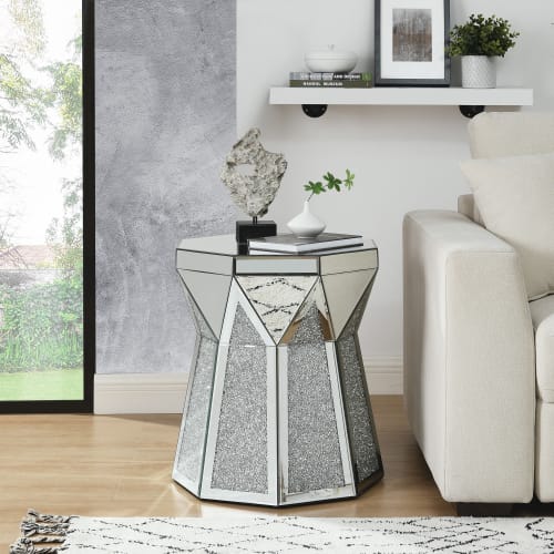 Drum Style Coffee Table With Mirror Crystal Inlay, Polygonal Silver Decorative Table, Modern Design Luxury Modern Furniture, 20 Inch  About 50 Centimeters  Low Coffee Table, Suitable For Living Room view 3