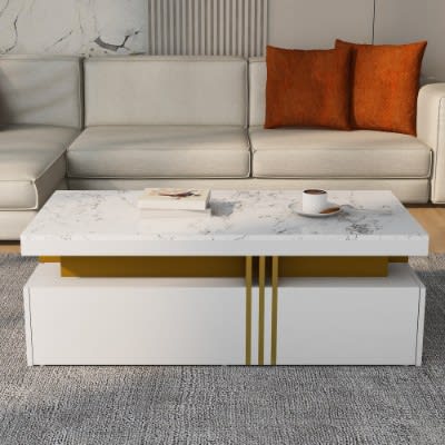 Modern White Rectangular Coffee Table With Marble Pattern Triamine Board Top And 2 Wooden Drawers, Living Room Table, 100x50x40cm view 11