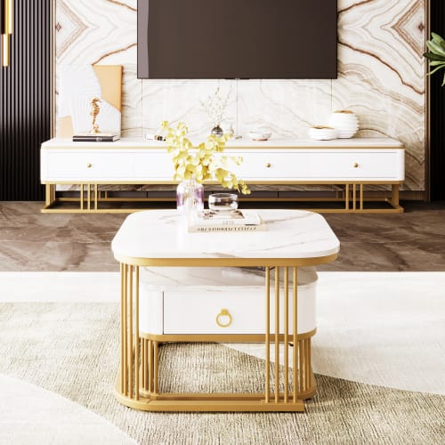Nestable Coffee Table High Gloss Marble Exterior, Gold Accents, Side Table With Drawer. Set Of Two view 27
