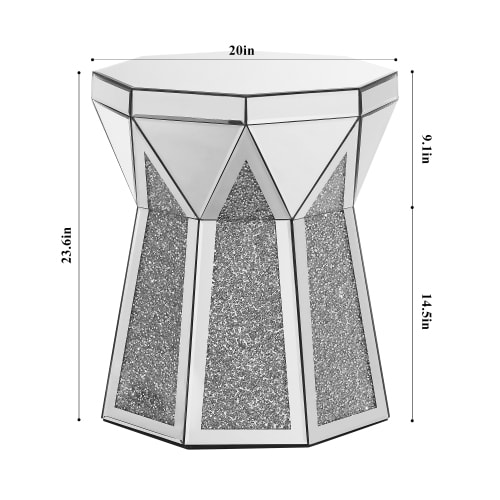 Drum Style Coffee Table With Mirror Crystal Inlay, Polygonal Silver Decorative Table, Modern Design Luxury Modern Furniture, 20 Inch  About 50 Centimeters  Low Coffee Table, Suitable For Living Room view 6