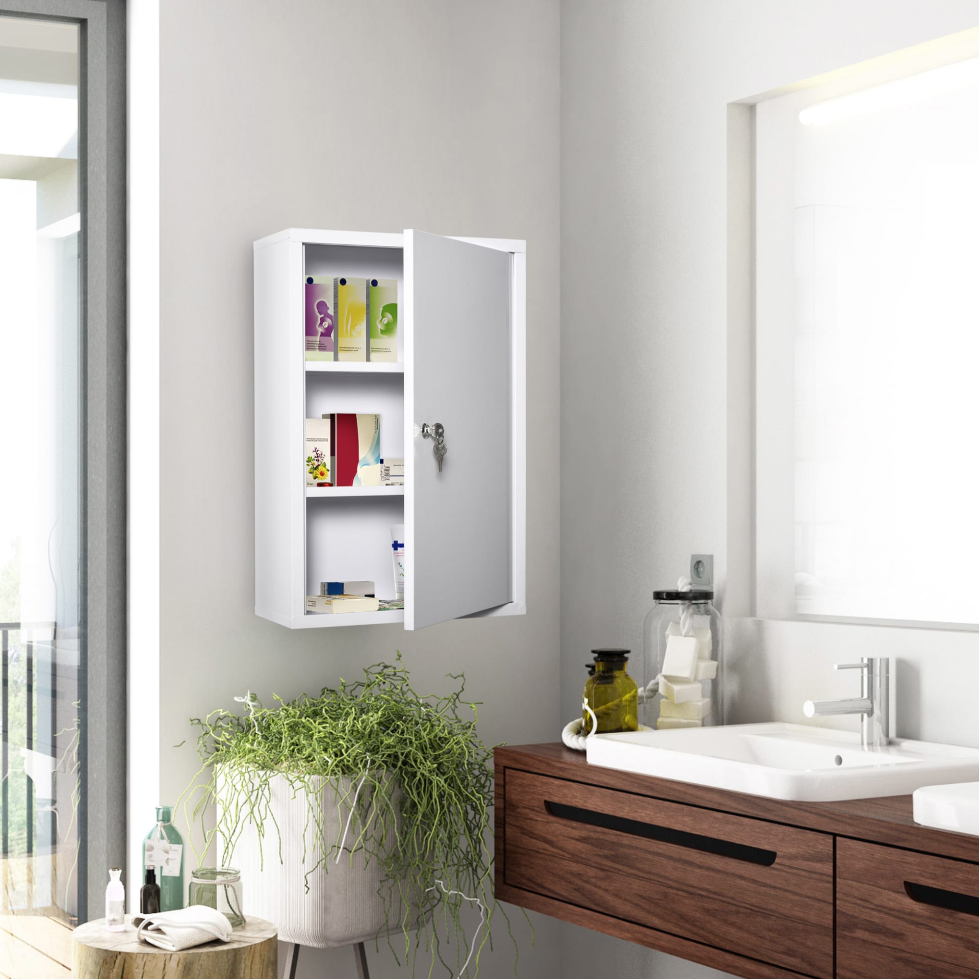 Kleankin Medicine Cabinet Steel Wall Mount 24x16 3-Tier Storage Lockable White view 7