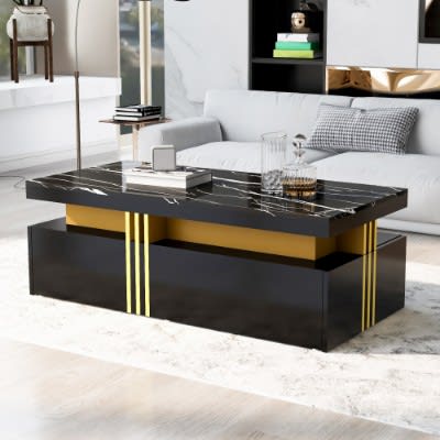 Modern White Rectangular Coffee Table With Marble Pattern Triamine Board Top And 2 Wooden Drawers, Living Room Table, 100x50x40cm view 2