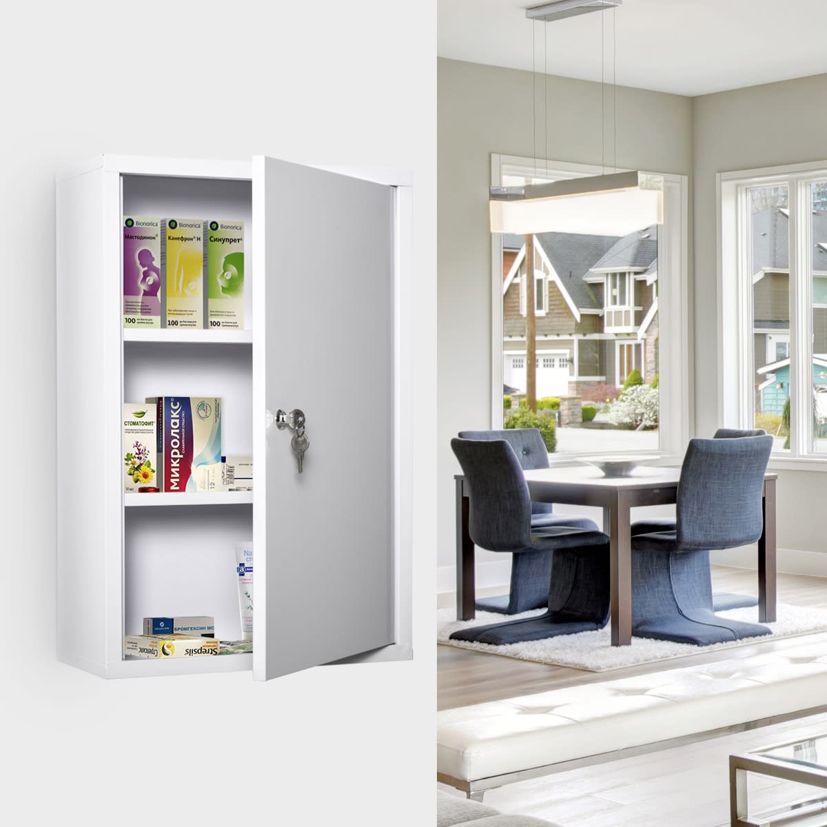 Kleankin Medicine Cabinet Steel Wall Mount 24x16 3-Tier Storage Lockable White view 2