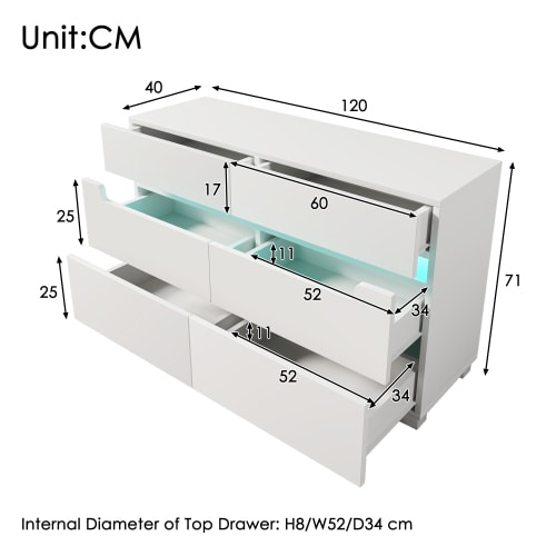 Sideboard Cabinet Dresser With 6 Drawers,Storage With RGB LED App Control, Sideboard With Cut-out Handles, 6-drawers Chest Of Drawers, 71 X 120 X 40 Cm, White view 11