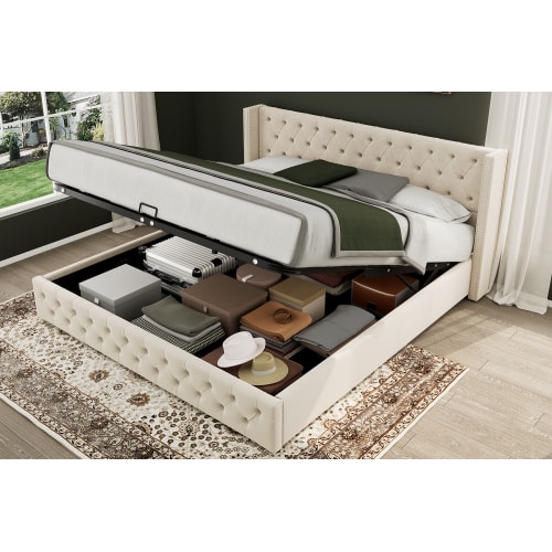 Upholstered Bed, With Hydraulic Lever, Functional Bed From Storage, 150 X 200 Cm, Without Mattress, Velvet, Beige view 8