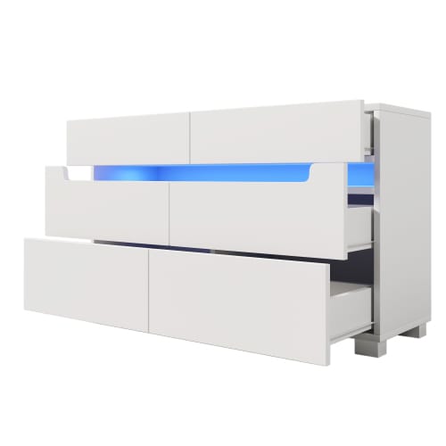 Sideboard Cabinet Dresser With 6 Drawers,Storage With RGB LED App Control, Sideboard With Cut-out Handles, 6-drawers Chest Of Drawers, 71 X 120 X 40 Cm, White view 25
