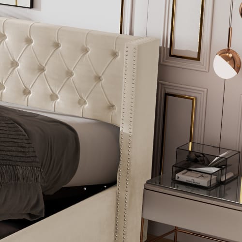 Upholstered Bed, With Hydraulic Lever, Functional Bed From Storage, 150 X 200 Cm, Without Mattress, Velvet, Beige view 2