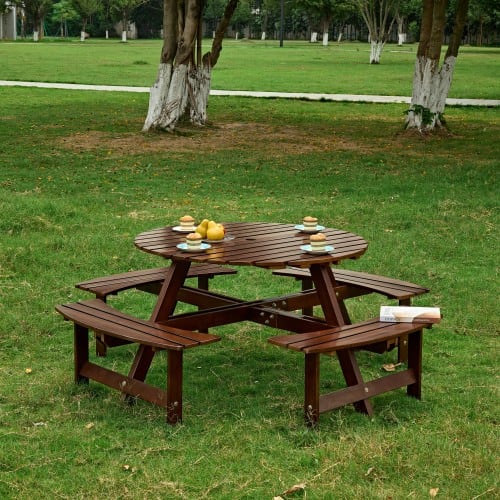Outdoor 8 Person Picnic Table, 8 Person Round Picnic Table With 4 Built-in Benches, Umbrella Hole, Outside Table And Bench Set For Garden, Backyard, Porch, Patio, Natural view 18
