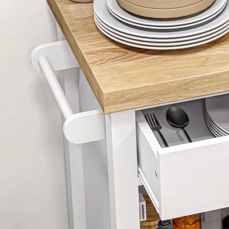 Kitchen Island On Wheels, Rolling Kitchen Cart With Rubberwood Top, Drawer, Wine Rack And Cabinet, White view 9