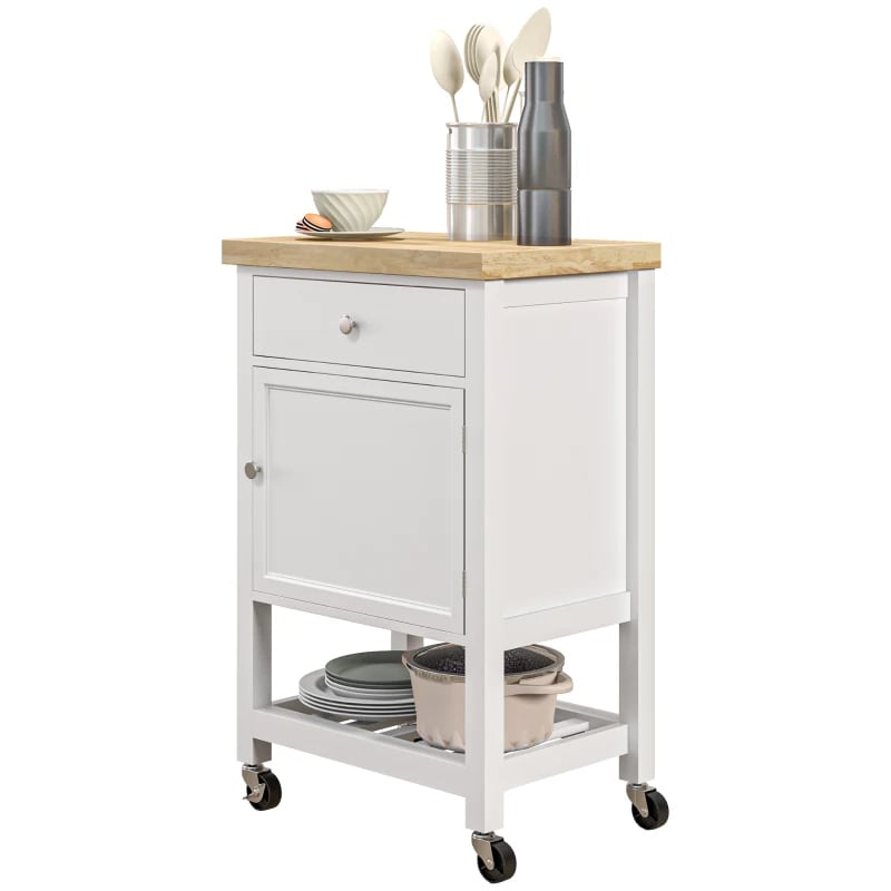 Kitchen Island On Wheels, Rolling Kitchen Cart With Rubberwood Top, Drawer, Wine Rack And Cabinet, White view 3