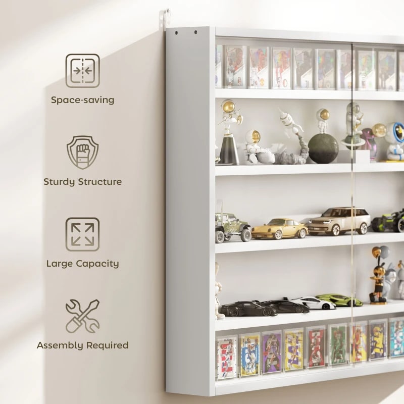 5-Tier Display Cabinet, Wall-Mounted Display Case With 2 Glass Doors And Adjustable Shelves, White view 3
