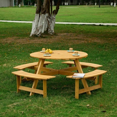 Outdoor 8 Person Picnic Table, 8 Person Round Picnic Table With 4 Built-in Benches, Umbrella Hole, Outside Table And Bench Set For Garden, Backyard, Porch, Patio, Natural view 7