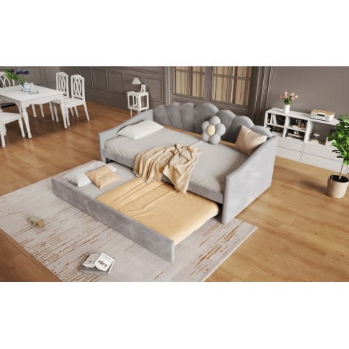 Upholstered Bed, 3FT Single Bed 90x190cm, Bottom With Trundle Bed 90x190cm, Daybed Sofa Bed, Youth Bed, For Adults & Teenagers, Easy Assembly, Velvet, Grey view 14