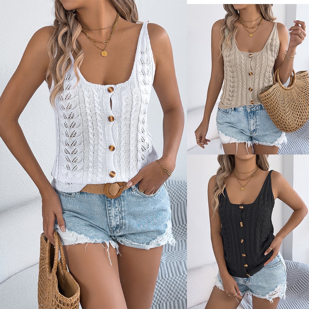 Women S Solid Color Hollow Out Button Knit Vest Vacation Top view 15